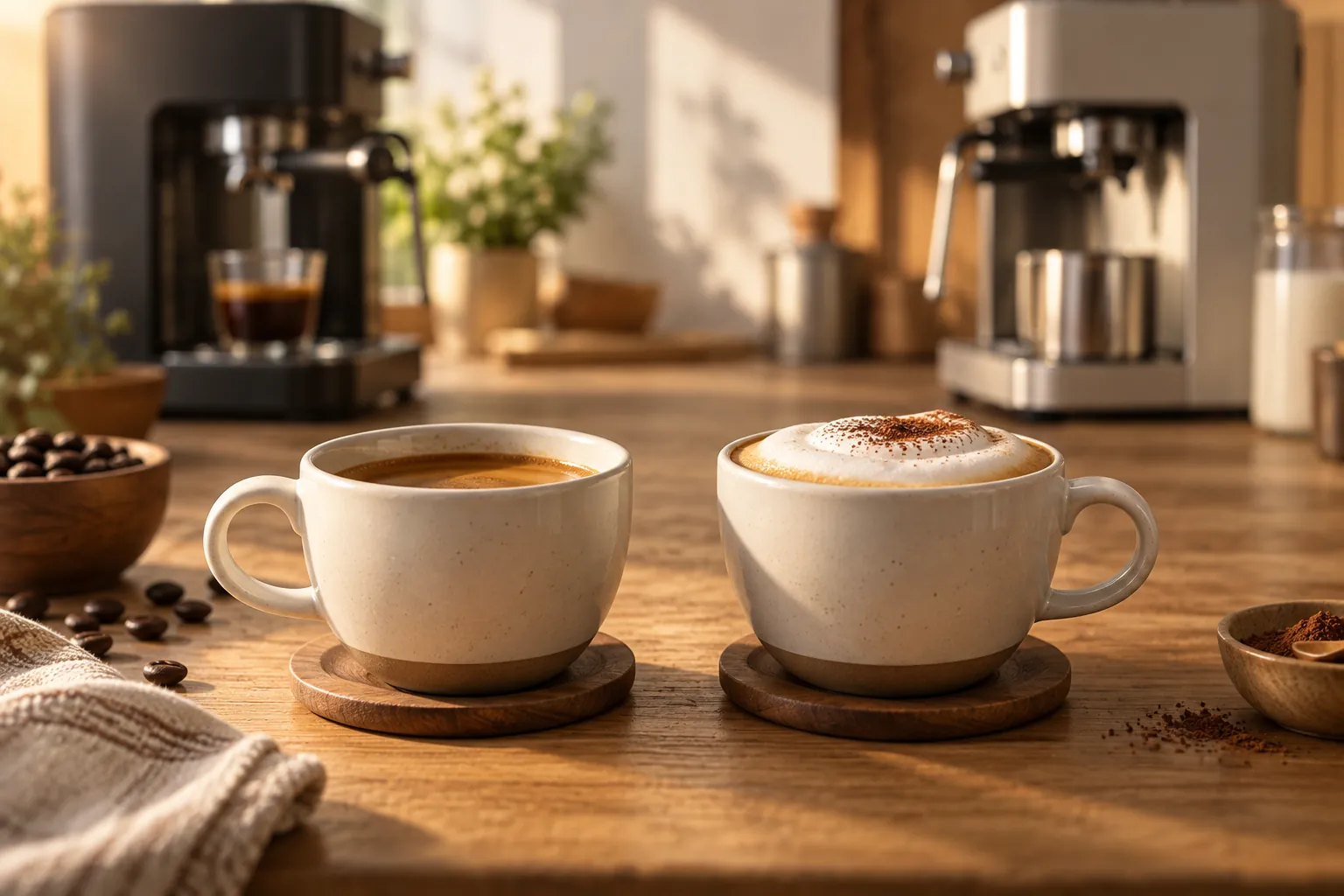Deux tasses de café posées face à face, un expresso et un cappuccino