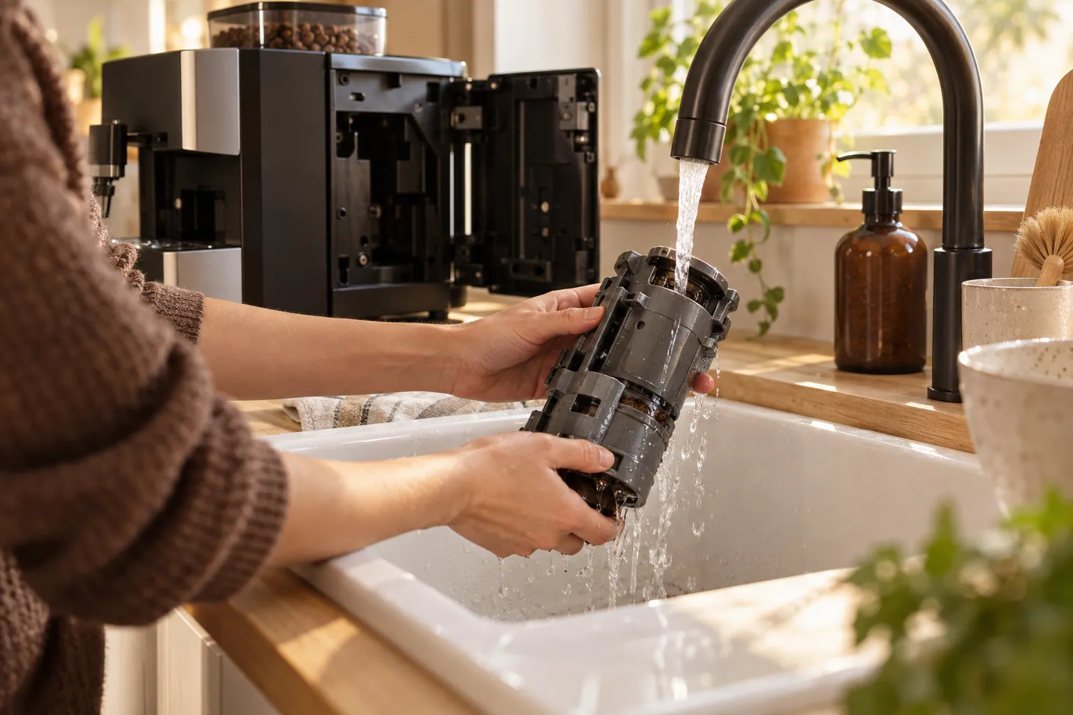 Rinçage du groupe café d'une machine à grain sous l'eau du robinet