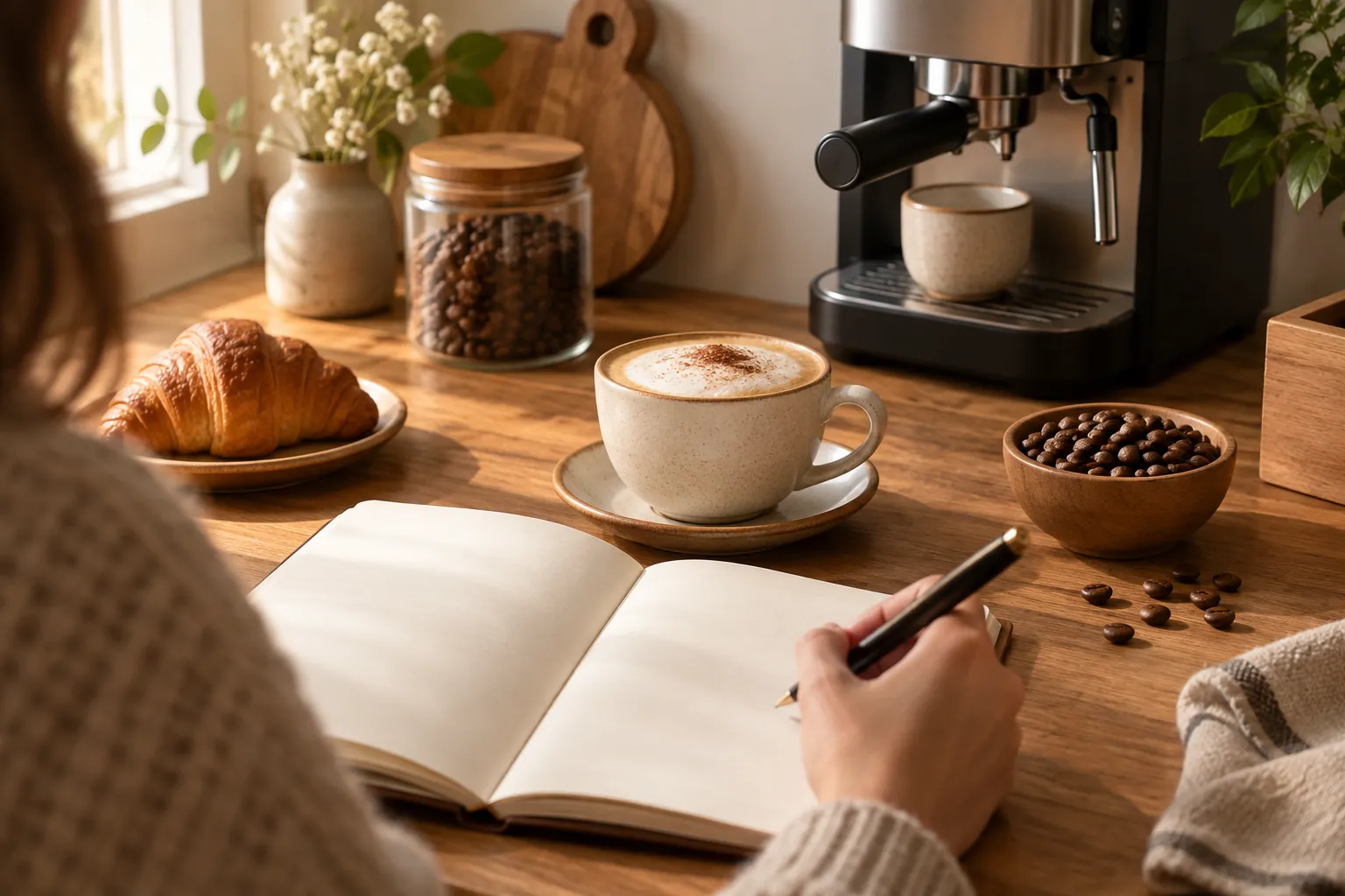 Carnet de notes, tasse de cappuccino et grains de café sur une table en bois