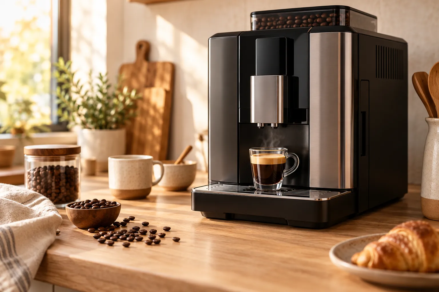 Machine à café à grain sur un plan de travail en bois, expresso fraîchement servi